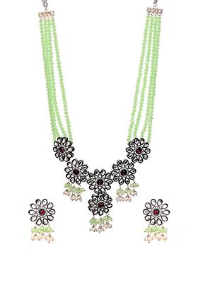 Green White Kundan Bead CZ Earring Necklace Set  