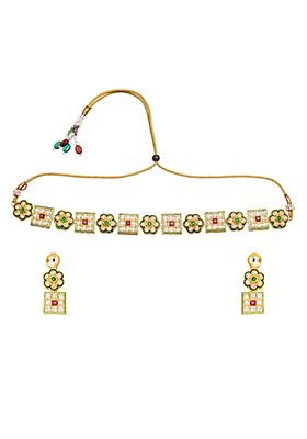 Gold Red Floral Square Kundan Studded CZ Earring Necklace Set 
