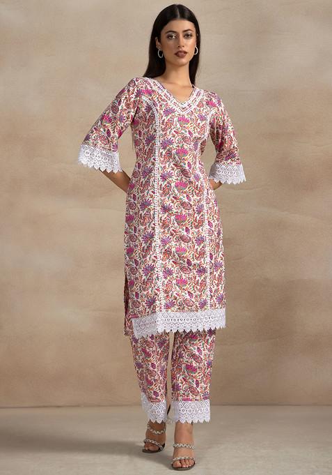 Purple Floral Print Kurta With Printed Pants (Set of 2)