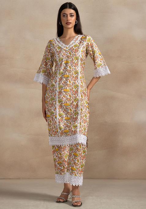 Yellow Floral Print Kurta With Printed Pants (Set of 2)