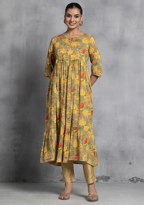 Multicolour Floral Print Embroidered Viscose Anarkali Kurta