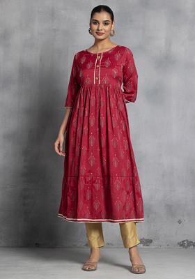 Maroon Abstract Print Cutdana Embroidered Cotton Anarkali Kurta
