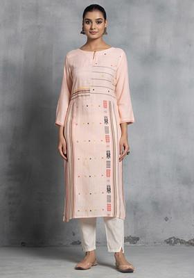 Pink Abstract Print Thread Work Cotton Kurta