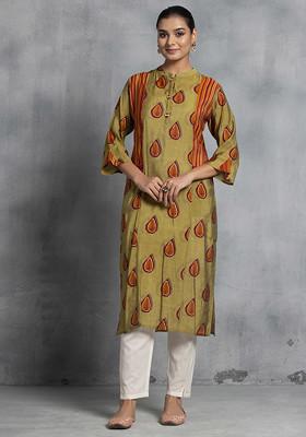 Olive Green Ethnic Print Muslin A-Line Kurta