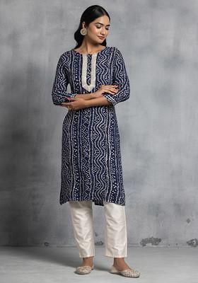 Navy Blue Bandhani Print Embellished Cotton Kurta