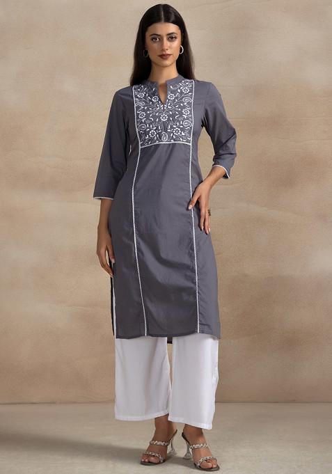 Grey Floral Embroidered Kurta