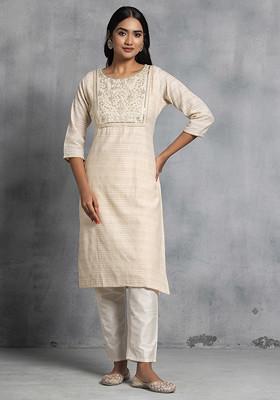 Cream Floral Thread Embroidered Cotton Kurta