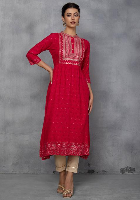 Pink Floral Sequin Embellished Anarkali Kurta