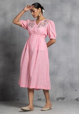 Pink Floral Embroidered Cotton Kurta