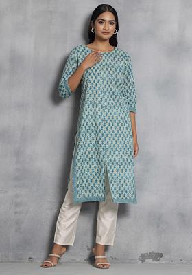 Blue Floral Print Sequin Embellished Cotton Kurta