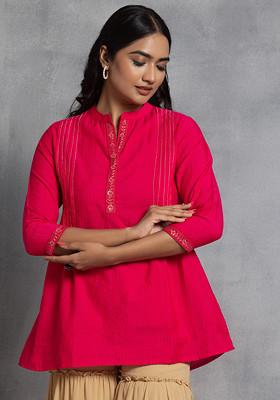 Pink Embroidered Cotton Short Kurta