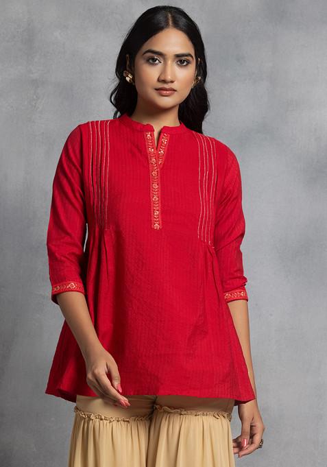 Red Embroidered Cotton Short Kurta