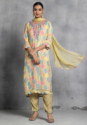 Green Multicolour Geometric Print Embroidered Kurta With Pants And Dupatta (Set of 3)