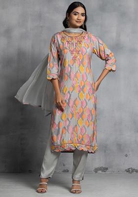 Grey Geometric Print Embroidered Viscose Kurta With Pants And Dupatta (Set of 3)