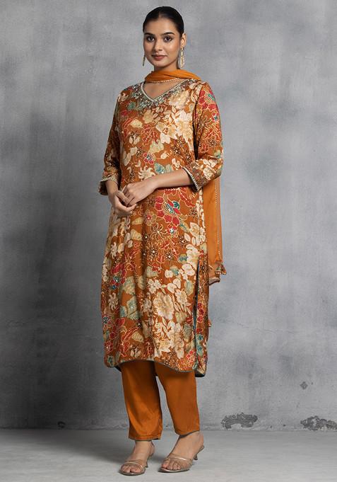 Brown Floral Print Embroidered Viscose Kurta With Pants And Dupatta (Set of 3)