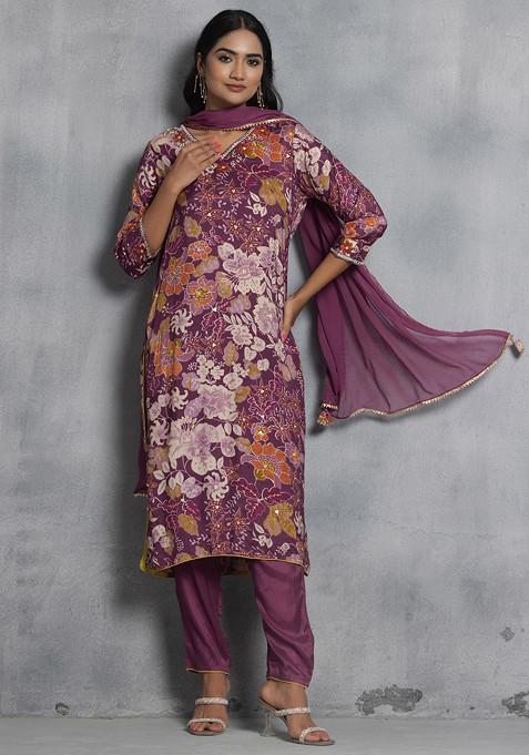 Purple Floral Print Embroidered Viscose Kurta With Pants And Dupatta (Set of 3)