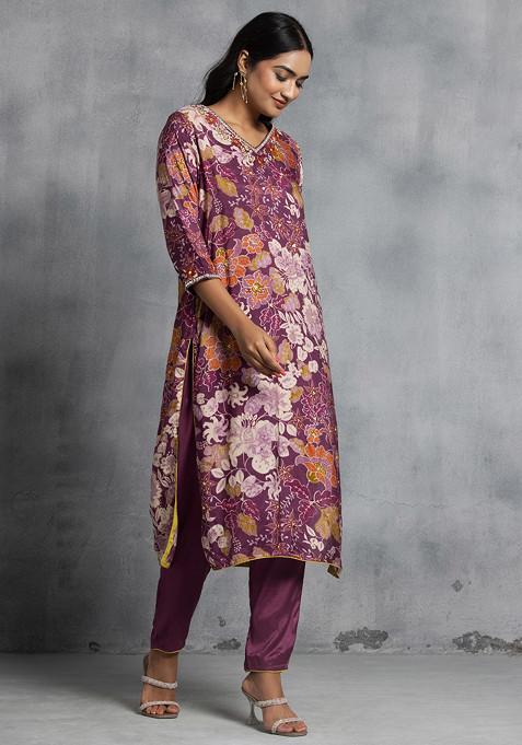 Purple Metallic Embroidered Kurta, Pants And Dupatta Set main image 1