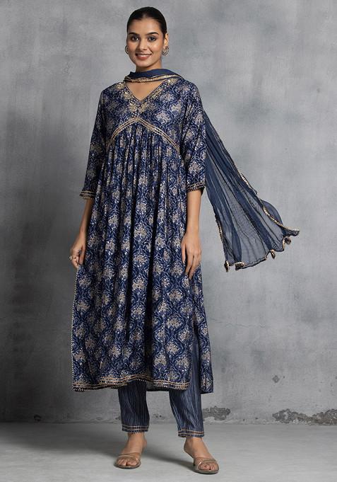 Blue Floral Print Mirror Work Kurta With Striped Pants And Dupatta (Set of 3)