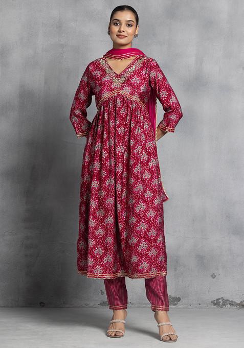 Pink Floral Print Mirror Work Kurta With Striped Pants And Dupatta (Set of 3)