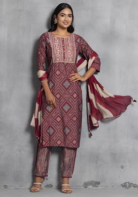 Maroon Bandhani Print Floral Embroidered Kurta With Pants And Dupatta (Set of 3)