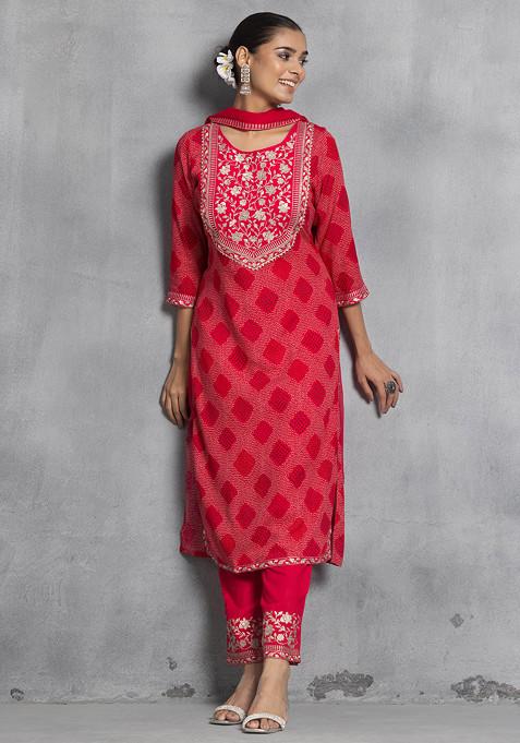 Red Floral Embroidered Printed Viscose Kurta With Pants And Dupatta (Set of 3)