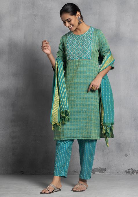 Green Zari Embroidered Jacquard Kurta With Pants And Brocade Dupatta (Set of 3)