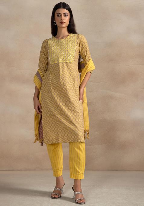 Yellow Floral Sequin Embellished Kurta With Striped Pants And Dupatta (Set of 3)