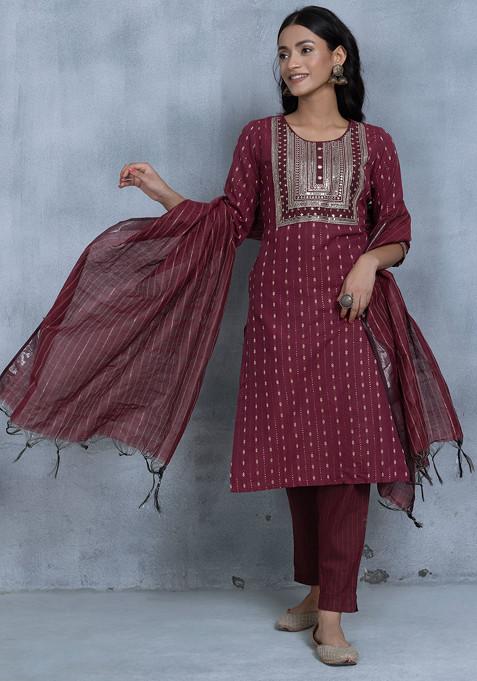 Maroon Sequin Embellished Cotton Kurta With Striped Pants And Dupatta (Set of 3)