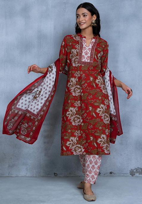 Red Floral Print Kurta With Printed Pants And Dupatta (Set of 3)