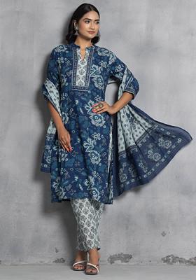 Blue Floral Print Cotton Kurta With Pants And Printed Dupatta (Set of 3)