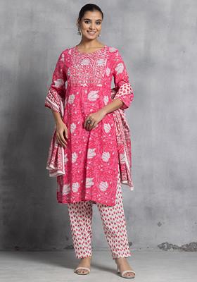 Pink Floral Print Zari Embroidered Kurta With Pants And Dupatta (Set of 3)