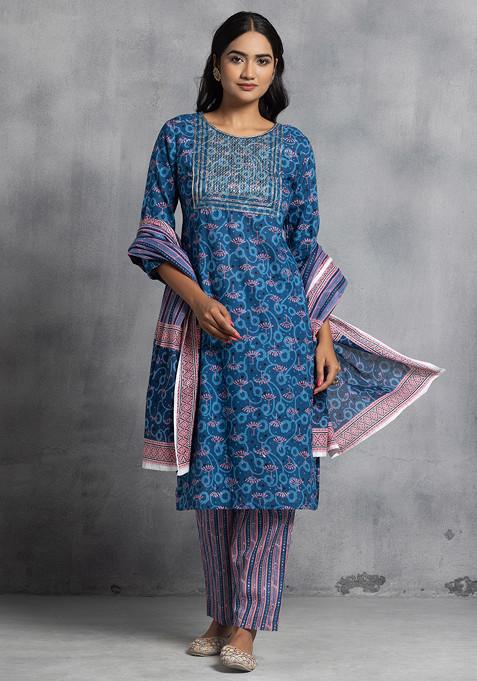 Blue Zari Sequin Embroidered Printed Kurta With Pants And Dupatta (Set of 3)