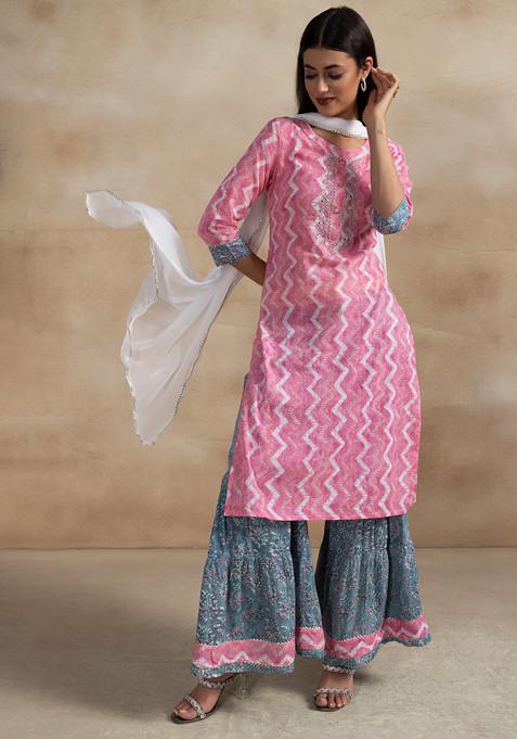 Pink Abstract Print Cotton Kurta With Contrast Sharara And Dupatta (Set of 3)