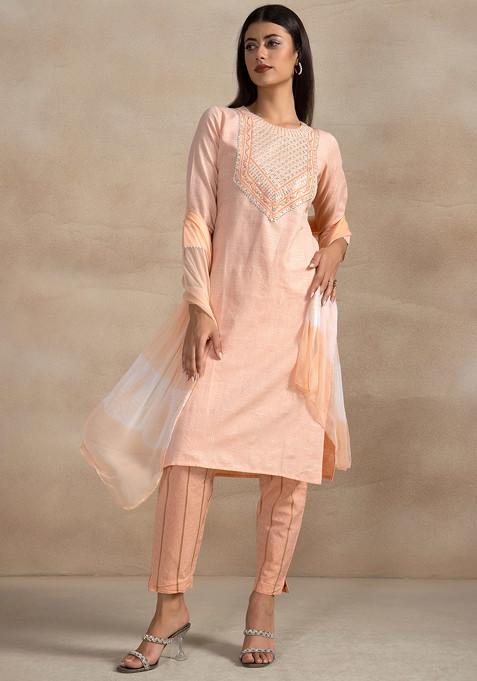 Peach Sequin Embellished Kurta With Printed Pants And Dupatta (Set of 3)