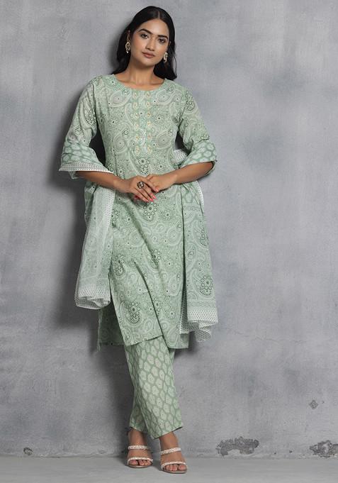 Green Ethnic Print Cotton Kurta With Pants And Dupatta (Set of 3)