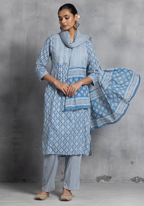 Blue Geometric Print Cotton Kurta With Pants And Printed Dupatta (Set of 3)