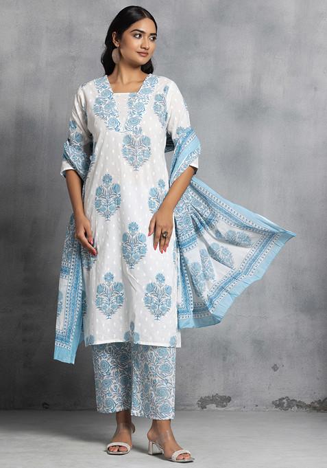 Blue And White Floral Print Cotton Kurta With Pants And Printed Dupatta (Set of 3)