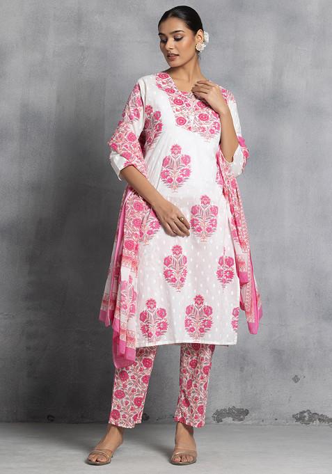 Pink And White Floral Print Cotton Kurta With Pants And Printed Dupatta (Set of 3)