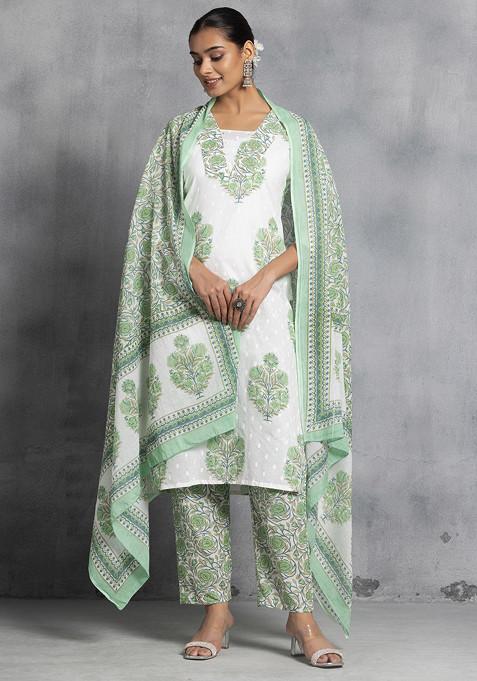 Green And White Floral Print Cotton Kurta With Pants And Printed Dupatta (Set of 3)