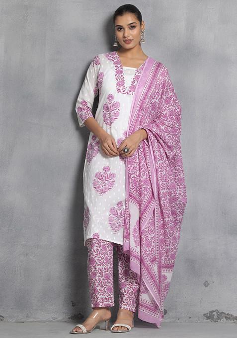 Purple And White Floral Print Cotton Kurta With Pants And Printed Dupatta (Set of 3)
