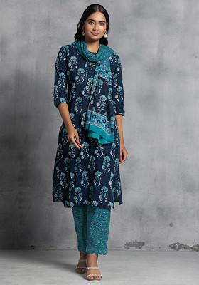 Navy Blue Floral Print Cotton Kurta With Pants And Printed Dupatta (Set of 3)