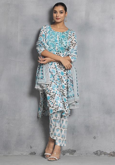 Blue And White Floral Print Sequin Embroidered Kurta With Pants And Dupatta (Set of 3)