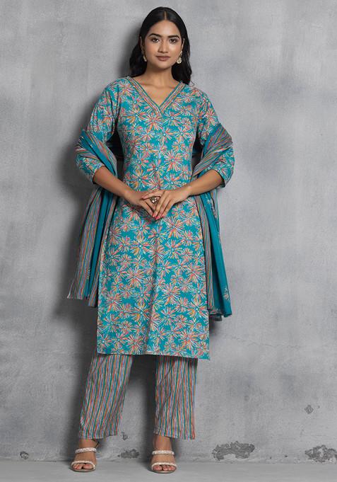 Blue Floral Print Sequin Embellished Cotton Kurta With Pants And Dupatta (Set of 3)