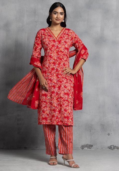 Red Floral Print Sequin Embellished Cotton Kurta With Pants And Dupatta (Set of 3)