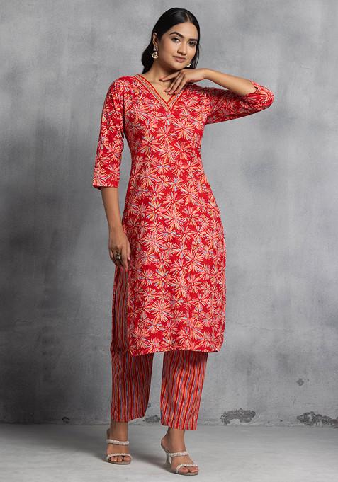 Red Floral Cotton Maternity Kurta with Trouser and Dupatta main image 1