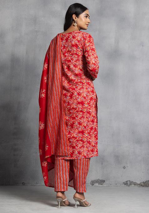 Indibelle Cotton Pista Red Floral Print Kurta Pant With Dupatta (Pista) main image 0