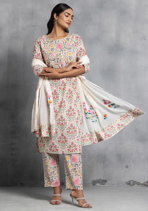 Off White Floral Print Sequin Embellished Cotton Kurta With Pants And Dupatta (Set of 3)