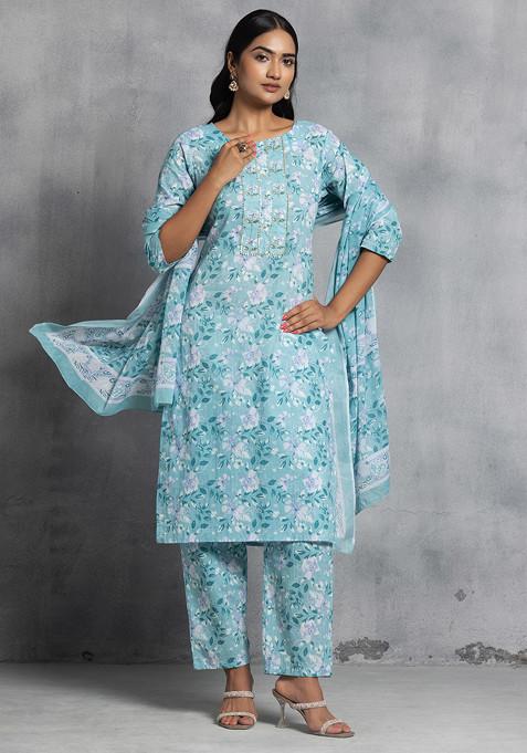 Turquoise Blue Floral Print Sequin Embellished Cotton Kurta With Pants And Dupatta (Set of 3)
