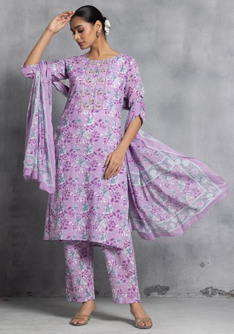 Purple Floral Print Cutdana Embellished Kurta With Pants And Dupatta (Set of 3)