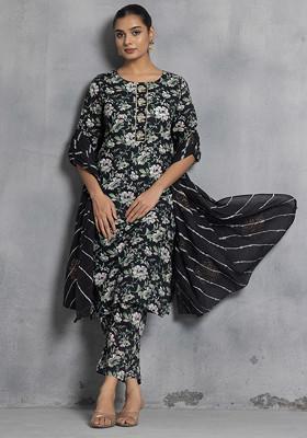 Black Floral Print Cotton Kurta With Pants And Printed Dupatta (Set of 3)